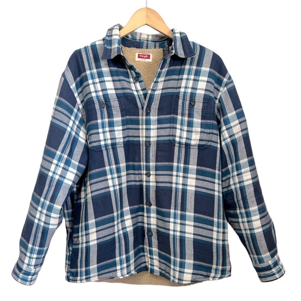 Wrangler Mens Blue Plaid Sherpa Lined Flannel Shirt Jacket Large